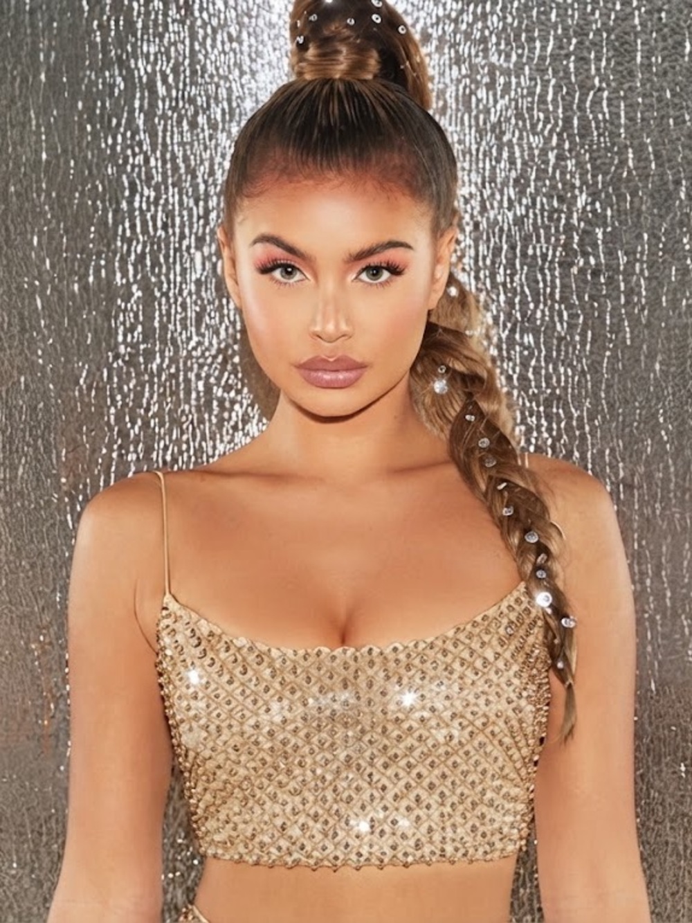 Oh Polly Gold Embellished Sparkle Crop Top – UK 10 / US 6